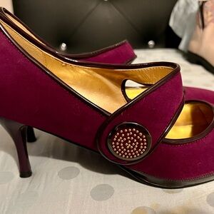 Midnight Velvet Plum Suede Mary Jane Heels with Decorative Button